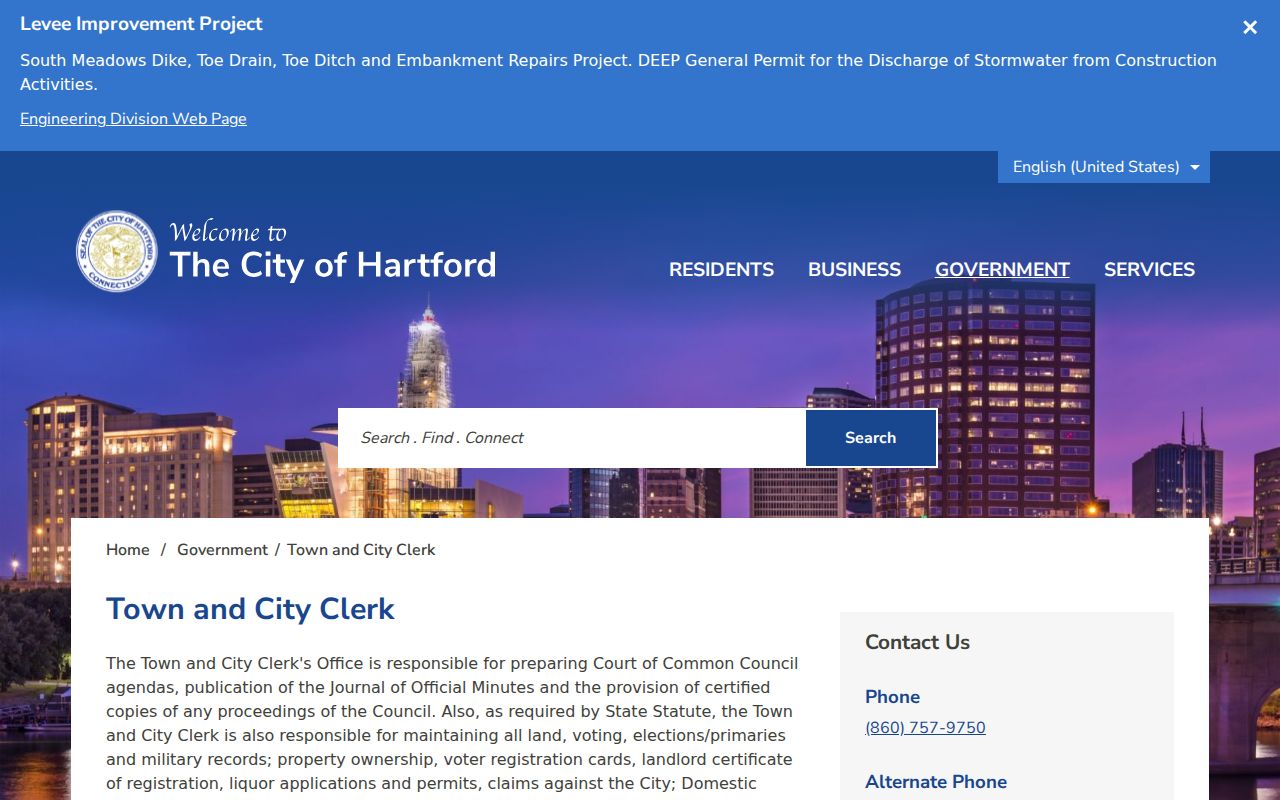 City of Hartford Clerk of the Superior Court records and city clerk distinction
