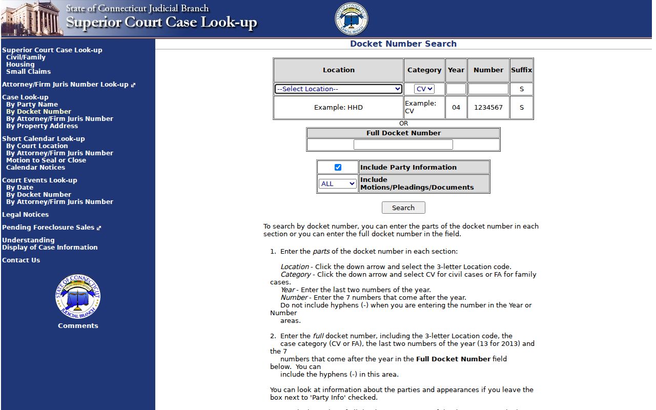 City of Hartford court records docket number search form