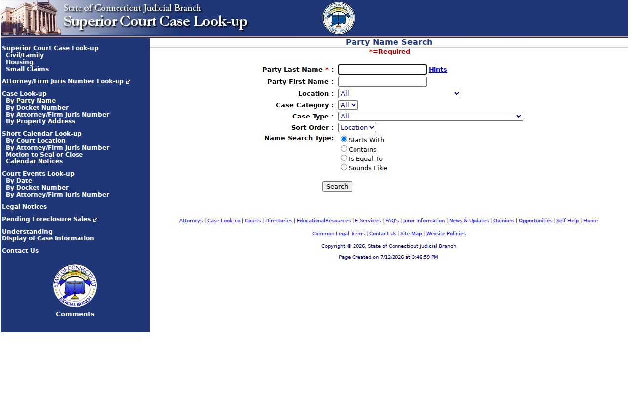 City of Hartford court records civil party search form