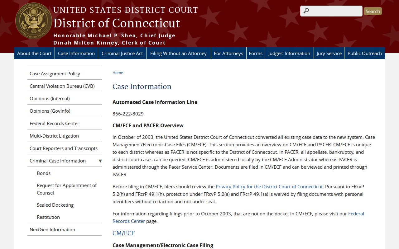 City of Hartford Superior Court and federal case information access