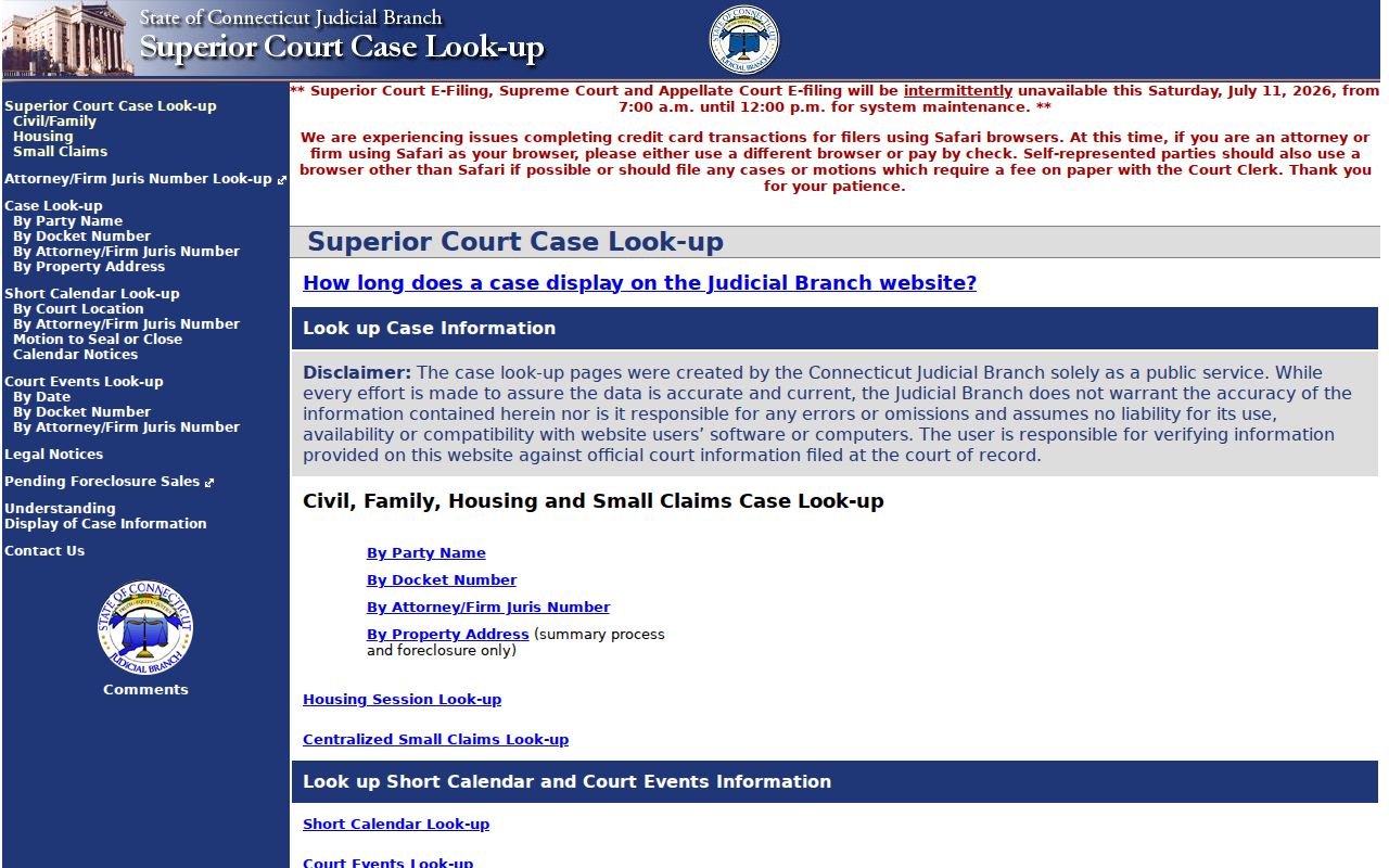 City of Hartford court records Superior Court civil and family lookup