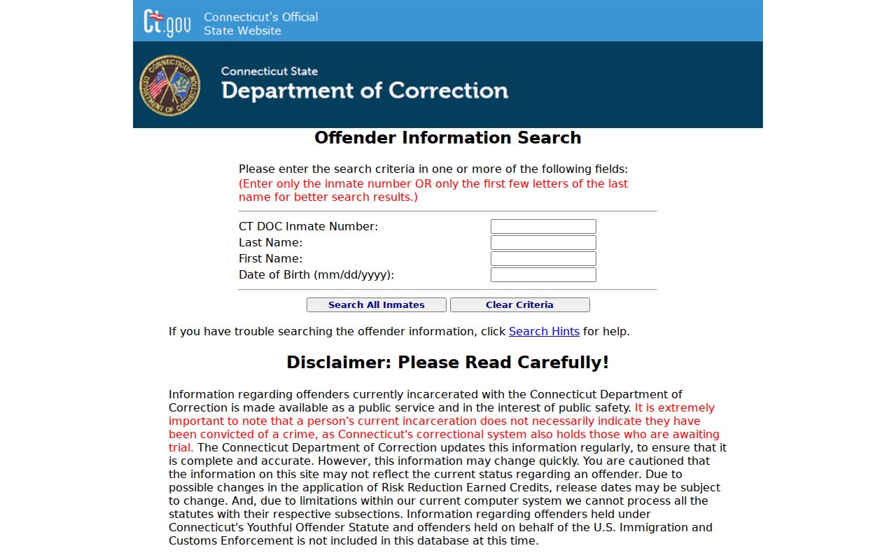 City of Hartford inmate records DOC search form