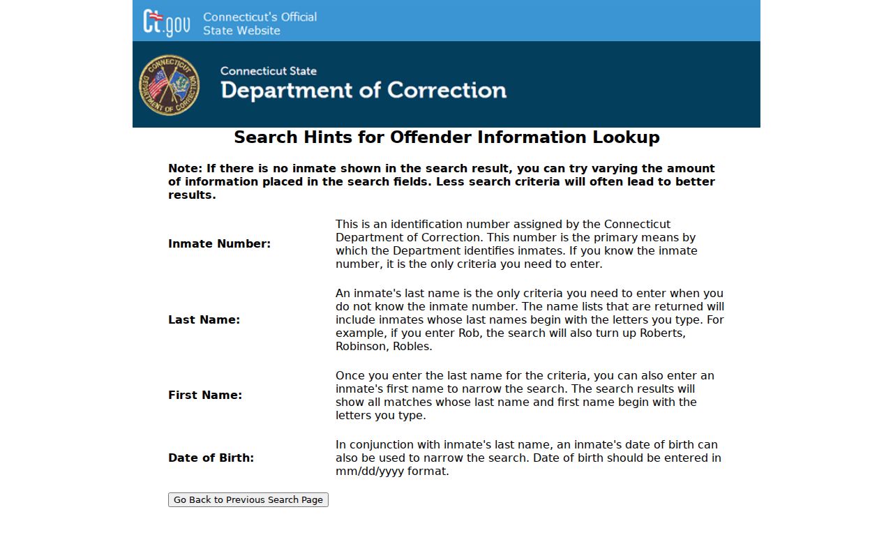 City of Hartford inmate records DOC search hints
