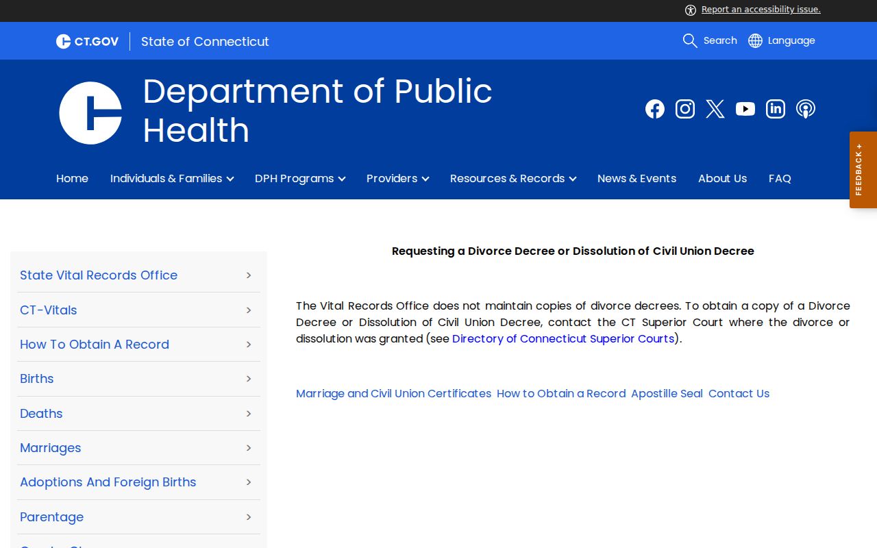 City of Hartford divorce records Connecticut DPH decree guidance