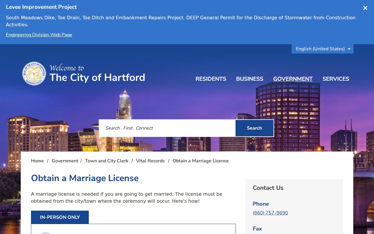 City of Hartford marriage license requirements