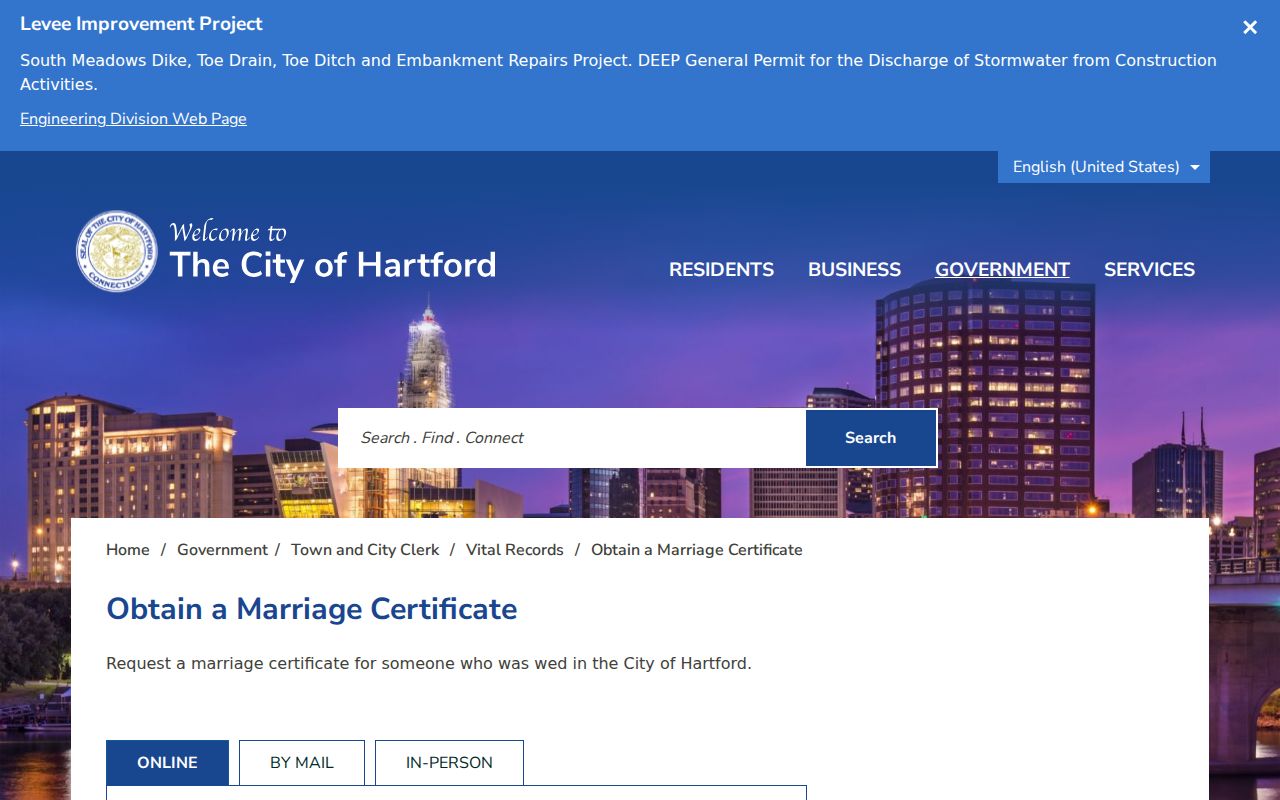 City of Hartford marriage certificate request records