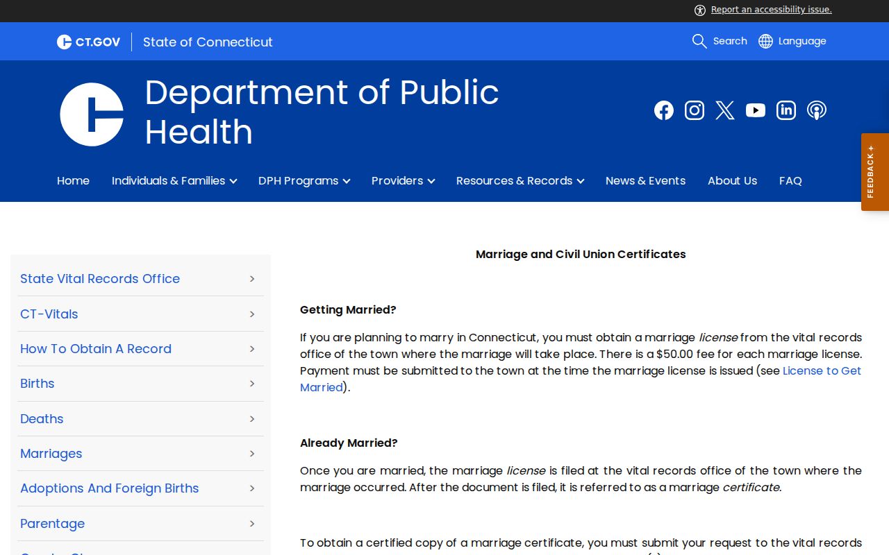 City of Hartford marriage records Connecticut DPH guidance