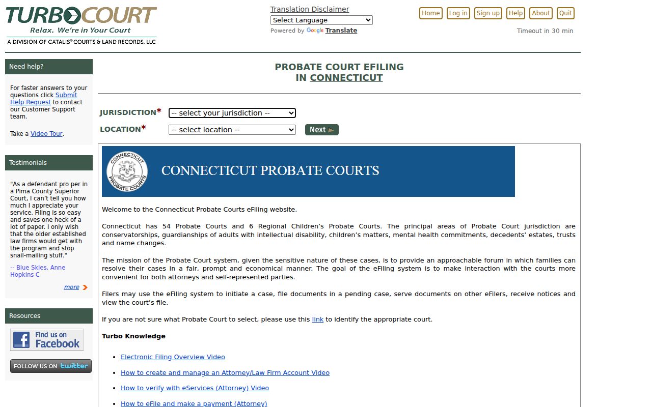 City of Hartford probate records eFiling location selector